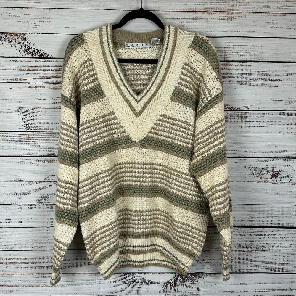 VTG Basix Fenn Wright Manson Tan Striped V-Neck Knit Grandpa Sweater Mens Size M